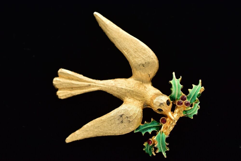 Mylu Vintage Christmas Bird Pin Brooch Brushed Gold Holiday Signed 1950s BinBK